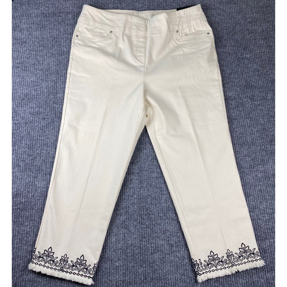 Alfred Dunner Allure Pant Women 18 Natural Embroidered Fringed Hem Modern Fit